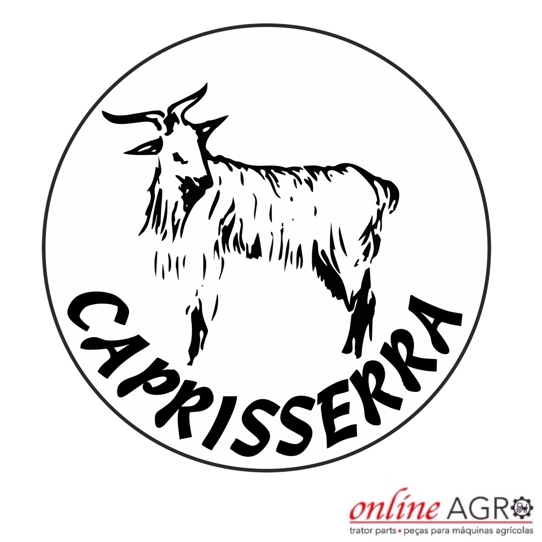Logótipo preto e branco com cabra e texto CAPRISSERRA e texto online AGRO no canto
