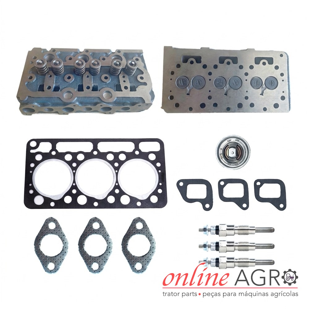 Kit de cabeça de motor completa, Kubota, OAS990036PT Conjunto de peças metálicas para motor agrícola com várias juntas e bujões em fundo branco.