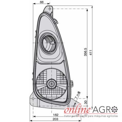 Desenho técnico de farol triangular com medidas em milímetros e marca online AGRO