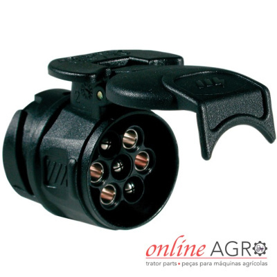 Conector elétrico preto com tampo aberto e seis pinos, com logotipo online AGRO