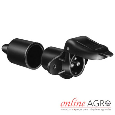 Conector elétrico preto com tampa destacada e logotipo online AGRO