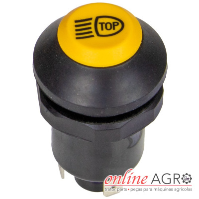 Interruptor redondo preto e amarelo com texto TOP