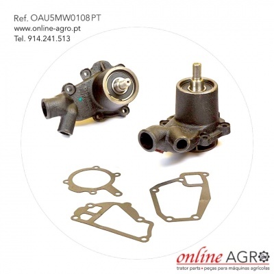 Duas bombas de água pretas e três juntas planas com texto de referência e contactos