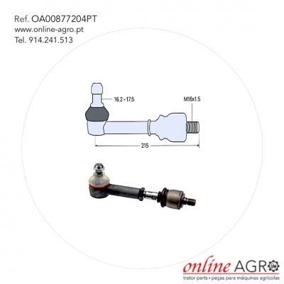 Peça metálica para maquinaria agrícola com esquema técnico e texto de contacto