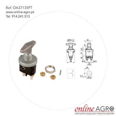 Interruptor rotativo metálico e plástico cinzento com acessórios em fundo branco