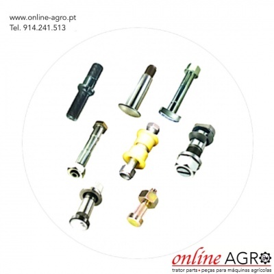 Vários parafusos ou pinos metálicos em diferentes cores e tamanhos sobre fundo branco com texto promocional