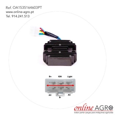 Regulador de tensão elétrico preto com dissipadores e conector com fios coloridos