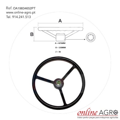 Roda de volante preta com três raios e desenho técnico com dimensões