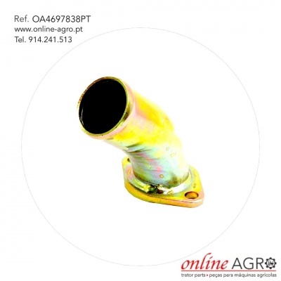 Peça metálica tubular dourada com base de fixação inclinado em fundo branco com texto e logótipo