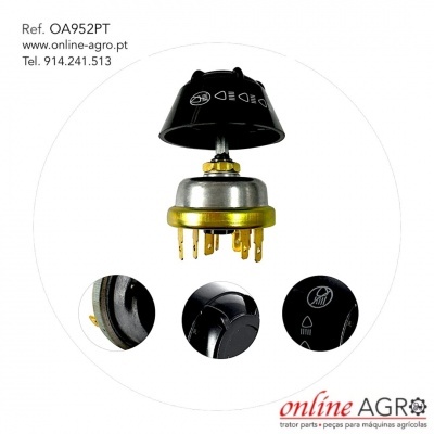 Interruptor rotativo preto e prateado com ícones brancos e texto de contacto em fundo branco