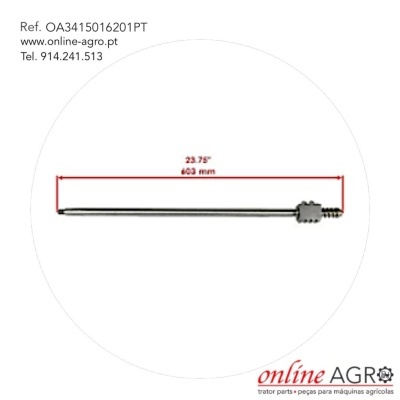 Peça metálica de 603 mm com extremidade canelada e ponta fina, sobre fundo branco com texto de referência e contacto.