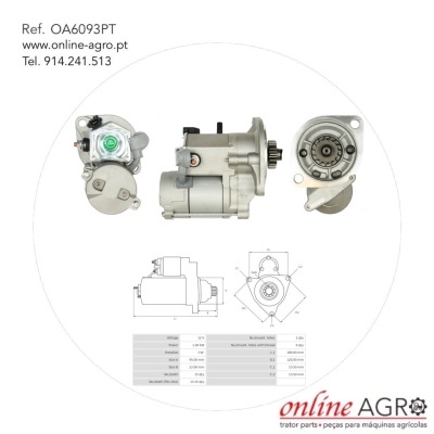 Motor de arranque metálico em várias vistas com esquema técnico e texto informativo