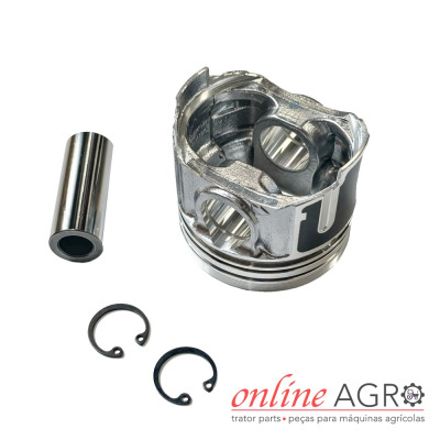 Conjunto de pistão metálico com anéis de retenção e cilindro em fundo branco