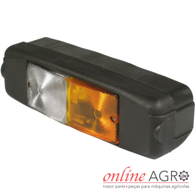 Farol retangular preto com lentes transparentes e laranja para máquinas agrícolas