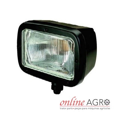 Farol retangular preto com lente de vidro transparente e texto online AGRO