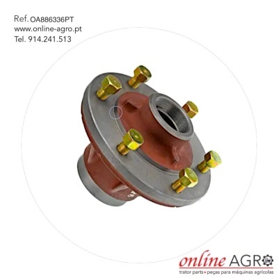 Peça metálica agrícola com flange e seis parafusos amarelos, texto e logotipo online AGRO