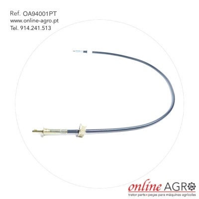 Cabo flexível metálico preto com texto de referência e contacto em fundo branco