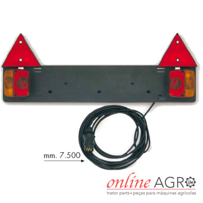 Placa suporte com sinais triangulares vermelhos, luzes traseiras e cabo elétrico enrolado