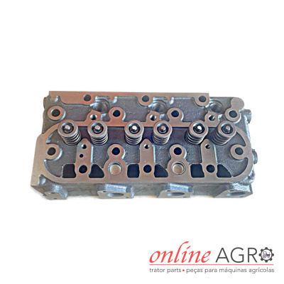 Cabeça de motor metálica com molas em fundo branco e texto online AGRO