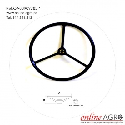 Volante preto de três raios com desenho técnico e informações de contacto