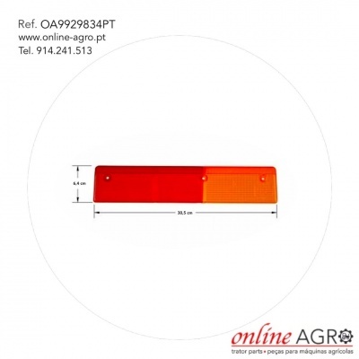 Peça de plástico vermelha e laranja para máquina agrícola com dimensões e texto de referência.