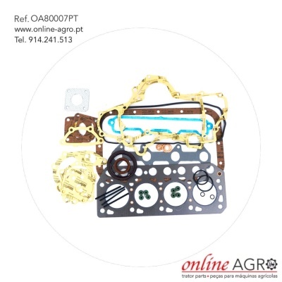 Conjunto de juntas para motor coloridas e multifacetadas em fundo branco com texto de referência e contactos.