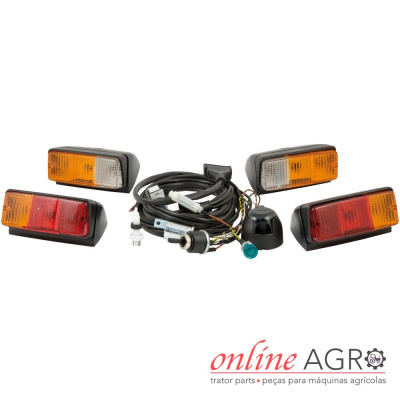 Faróis e cablagem para máquinas agrícolas em plástico preto com lentes âmbar, vermelho e branco