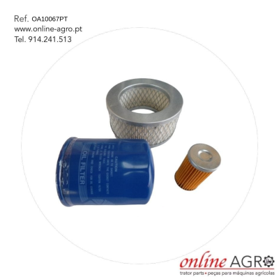 Três filtros para máquinas agrícolas, azul, redondo metálico com rede e pequeno amarelo