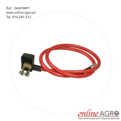 Cabo elétrico vermelho com terminal metálico para bateria de trator e detalhes de contacto da empresa online AGRO