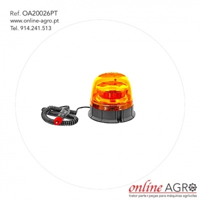 Luz de aviso amarela com cabo preto e texto de referência e contacto