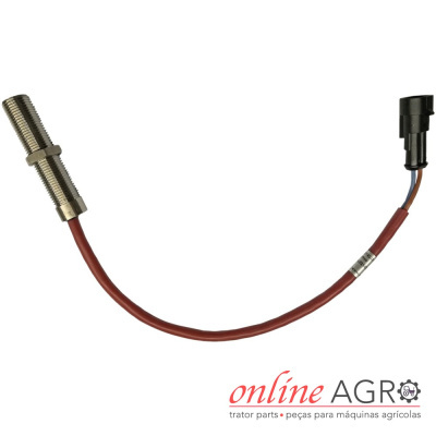 Sensor de proximidade metálico com cabo vermelho e conector preto