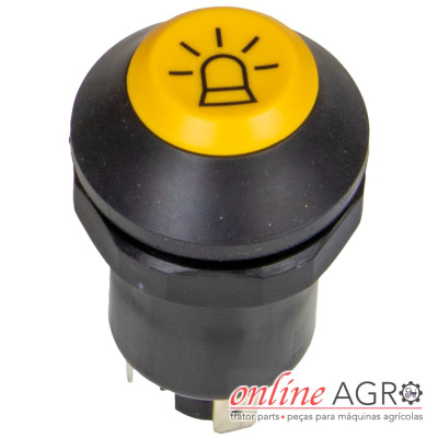 Botão circular preto com topo amarelo e ícone de sirene preta