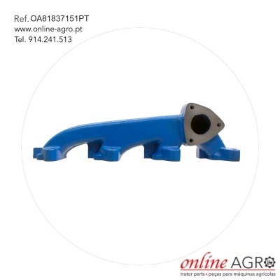 Coletor de escape azul com três saídas e texto informativo