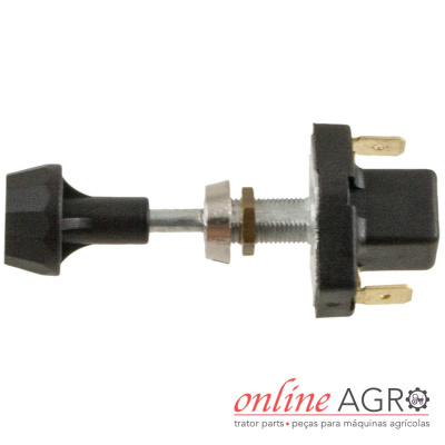 Interruptor de metal e plástico com botão preto junto ao logotipo online AGRO.