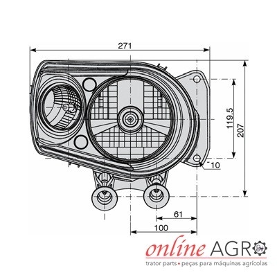 Desenho técnico de farol para máquina agrícola com medidas e marca online AGRO