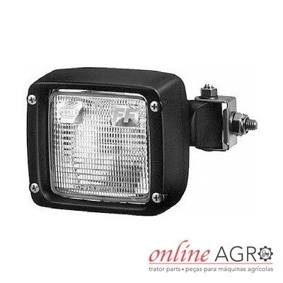 Luz quadrada preta para maquinaria agrícola com lente transparente e montagem em metal.