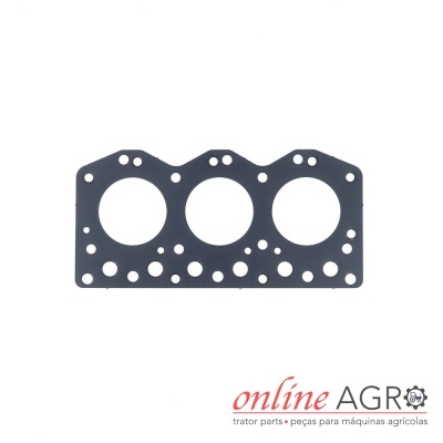 Junta de cabeça de motor preta com orifícios diversos sobre fundo branco e logótipo online AGRO