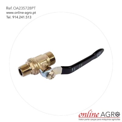 Válvula metálica dourada com pega preta e texto, fundo branco