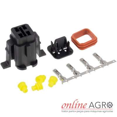 Conjunto de conector elétrico com peças plásticas e terminais metálicos