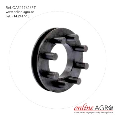 Peça metálica preta com seis pinos em fundo branco e texto de contacto