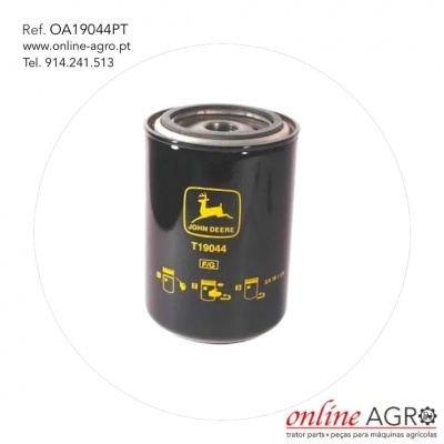 Filtro de óleo preto John Deere T19044 com texto amarelo em fundo branco