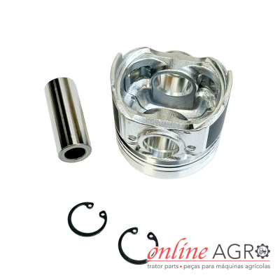 Conjunto de pistão metálico com mancal e anéis de segurança sobre fundo branco