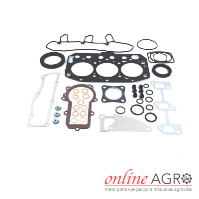 Conjunto de juntas e vedantes de motor em diferentes formas e cores sobre fundo branco com logo online AGRO