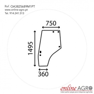 Desenho técnico de peça com medidas e texto de contacto da Online Agro