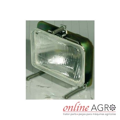 Farol retangular com lente transparente e estrutura metálica verde com molas