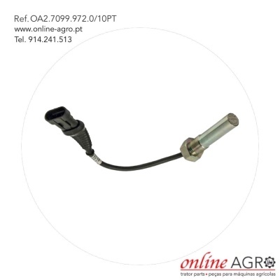 Sensor metálico com cabo preto e texto informativo da empresa