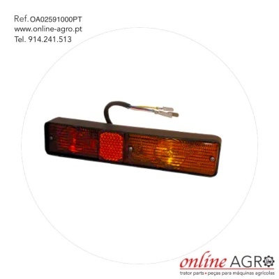 Luz traseira retangular vermelha e âmbar com refletor central, cabo elétrico e texto de referência e contacto