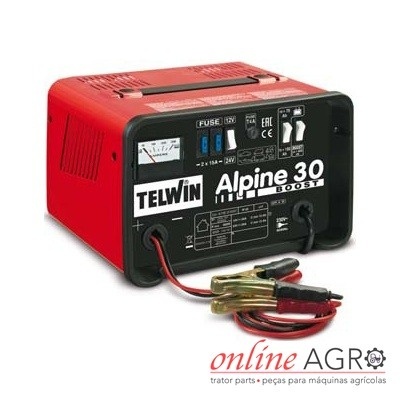 Carregador de bateria Telwin Alpine 30 Boost vermelho e preto com cabos.