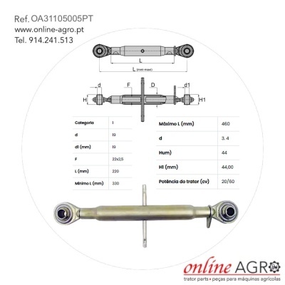 Peça metálica para máquinas agrícolas com tabela técnica e informações de contato online-agro.pt