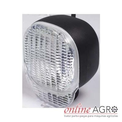 Refletor de luz preto com lente traseira transparente, fundo branco, logotipo online AGRO.